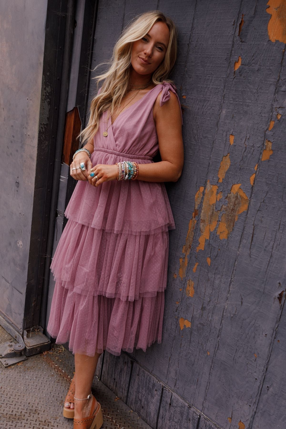 ISEULT | TIERED TULLE MIDI DRESS - Mauve