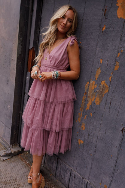 ISEULT | TIERED TULLE MIDI DRESS - Mauve