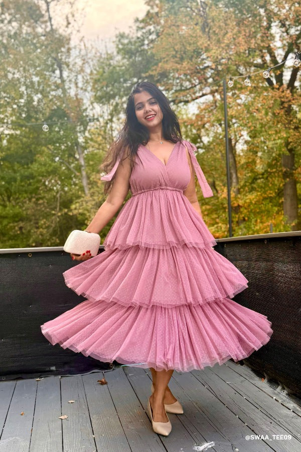 ISEULT | TIERED TULLE MIDI DRESS - Mauve