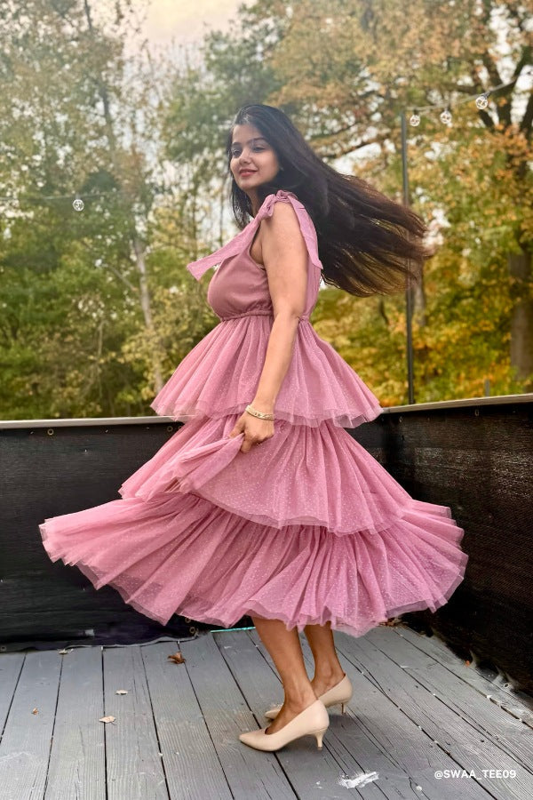 ISEULT | TIERED TULLE MIDI DRESS - Mauve