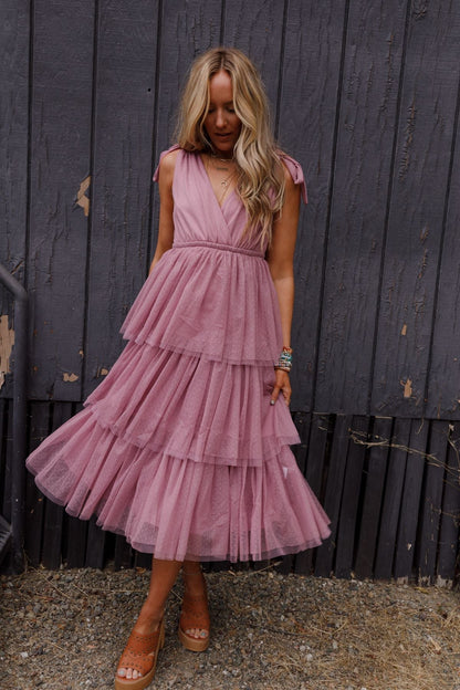 ISEULT | TIERED TULLE MIDI DRESS - Mauve