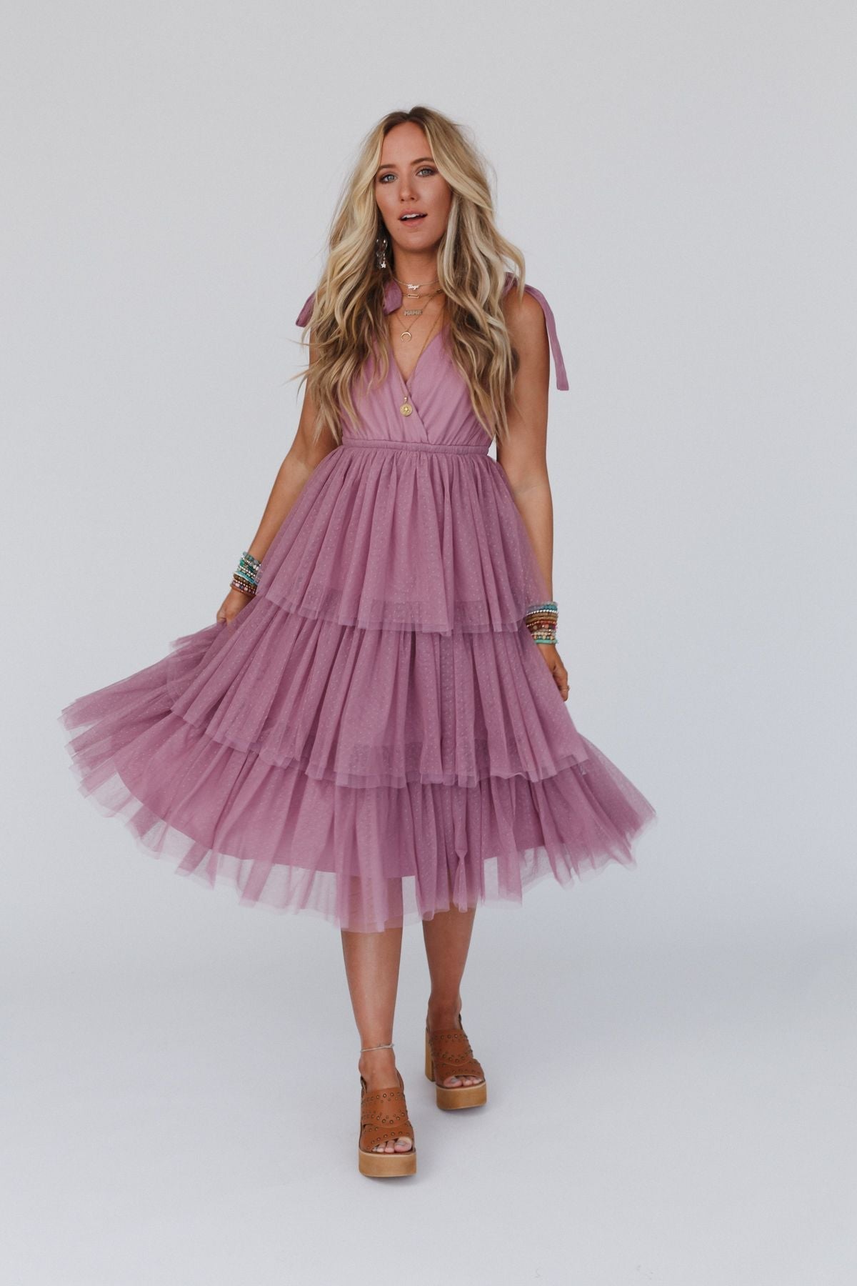 ISEULT | TIERED TULLE MIDI DRESS - Mauve