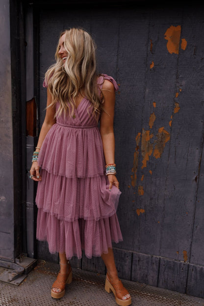 ISEULT | TIERED TULLE MIDI DRESS - Mauve