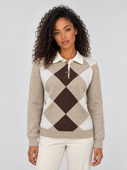 ISHANI | COLLARED ARGYLE SWEATER - Beige