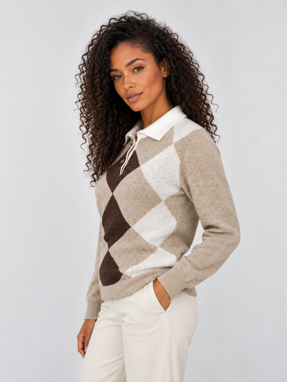 ISHANI | COLLARED ARGYLE SWEATER - Beige