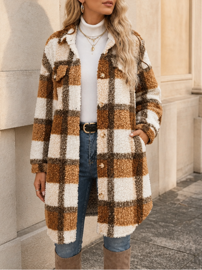 ISMAY | PLAID SHERPA-LINED COAT - Dark Brown