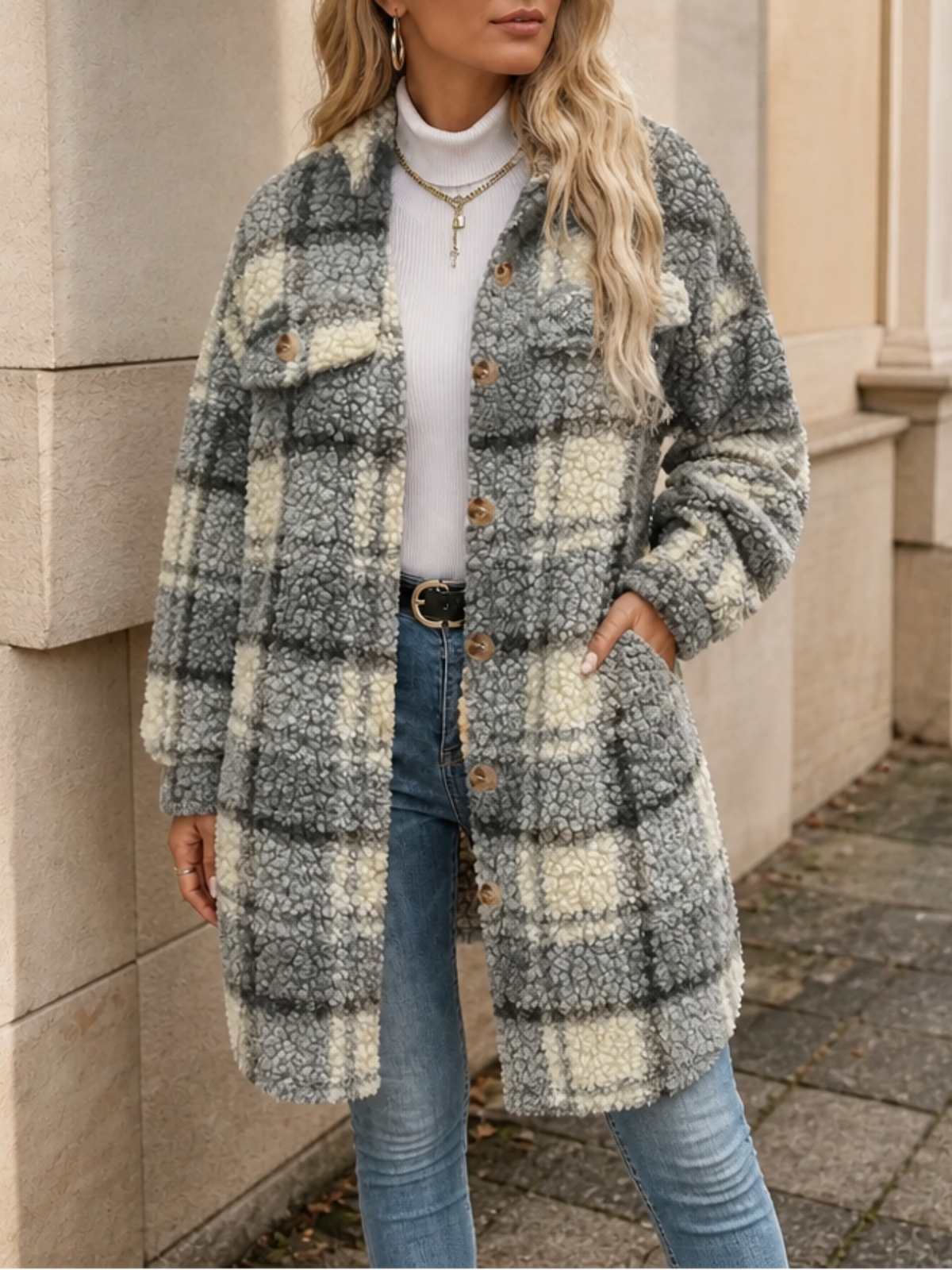 ISMAY | PLAID SHERPA-LINED COAT - Dark Gray