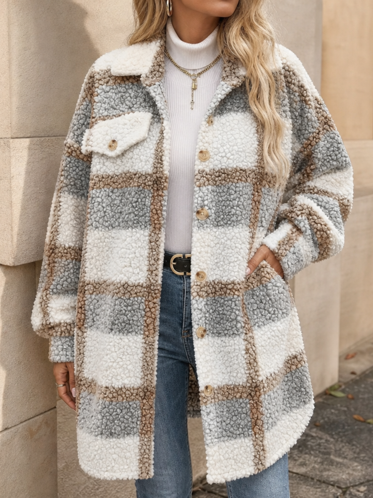 ISMAY | PLAID SHERPA-LINED COAT - Light Gray