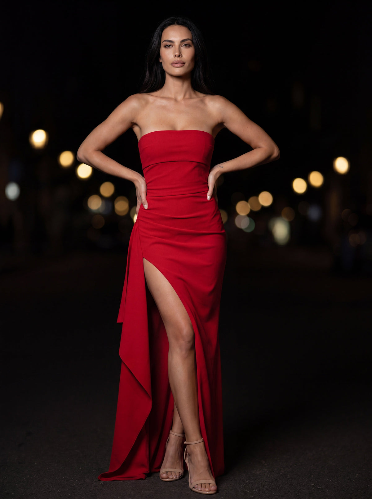 ISOLA | STRAPLESS RUCHED MAXI DRESS - Red