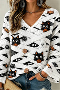 IVONNE | HALLOWEEN CAT PRINT V-NECK TOP - White