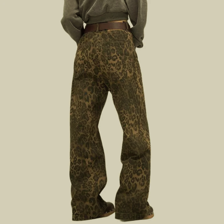 Back view of leopard print pants showing high waist fit and wide leg silhouette with studs