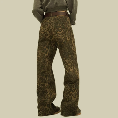 Back view of leopard print pants showing high waist fit and wide leg silhouette with studs
