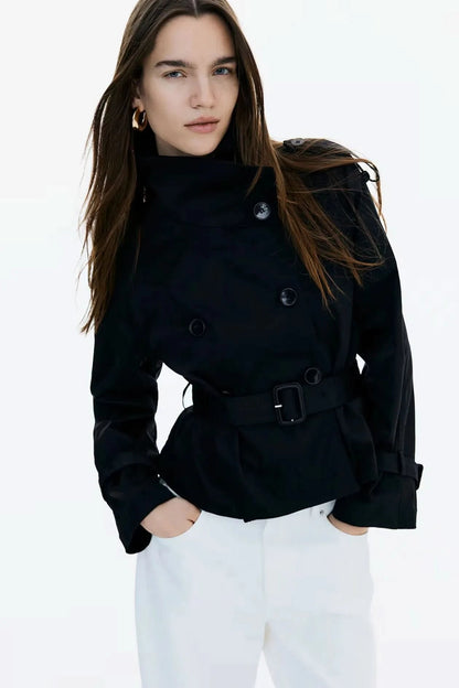 Black short trench coat with high collar and shoulder epaulettes