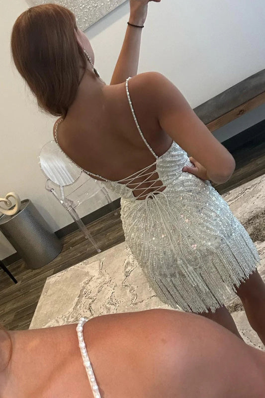 JACLYN | SEQUIN FRINGE MINI DRESS - Ivory