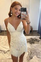 JACLYN | SEQUIN FRINGE MINI DRESS - Ivory