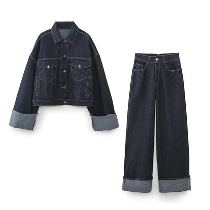 Dark denim jacket and wide-leg pants with gray cuffs displayed together