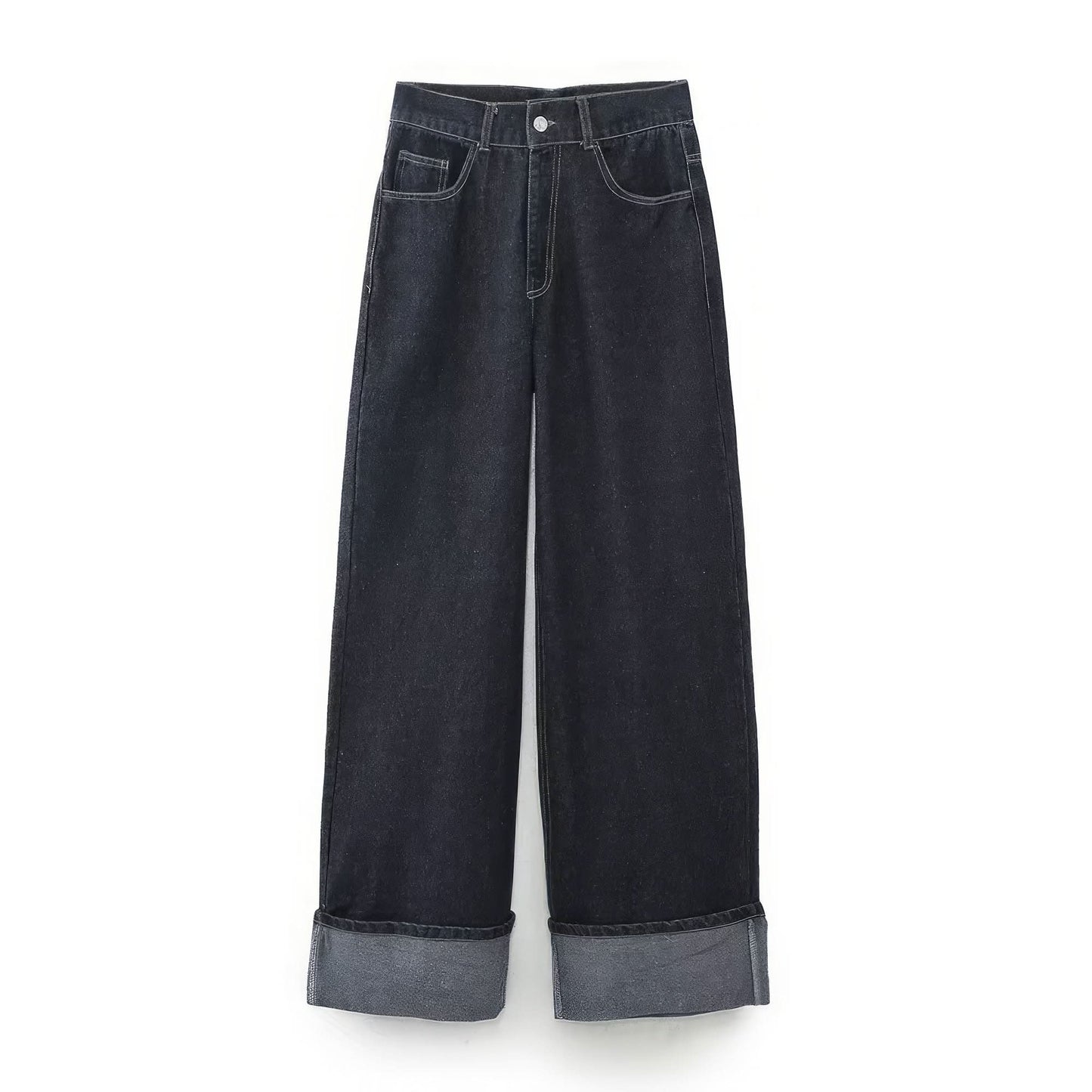 Dark denim wide-leg pants with gray cuffed hem and front pockets