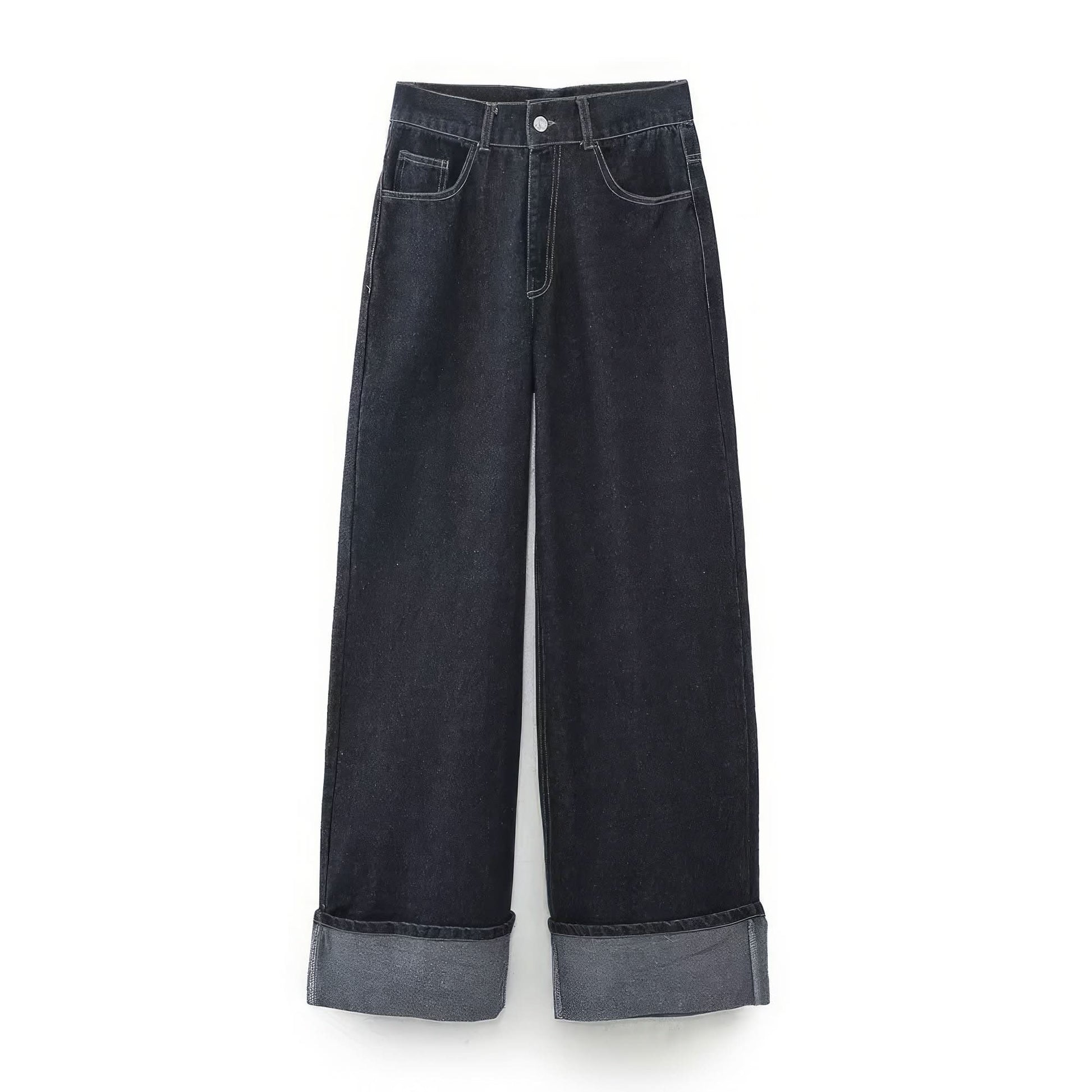 Dark denim wide-leg pants with gray cuffed hem and front pockets