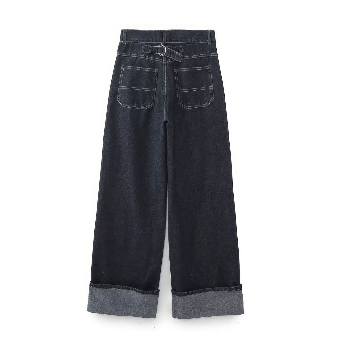 Back view of dark denim wide-leg pants with gray cuffed hem and back pockets