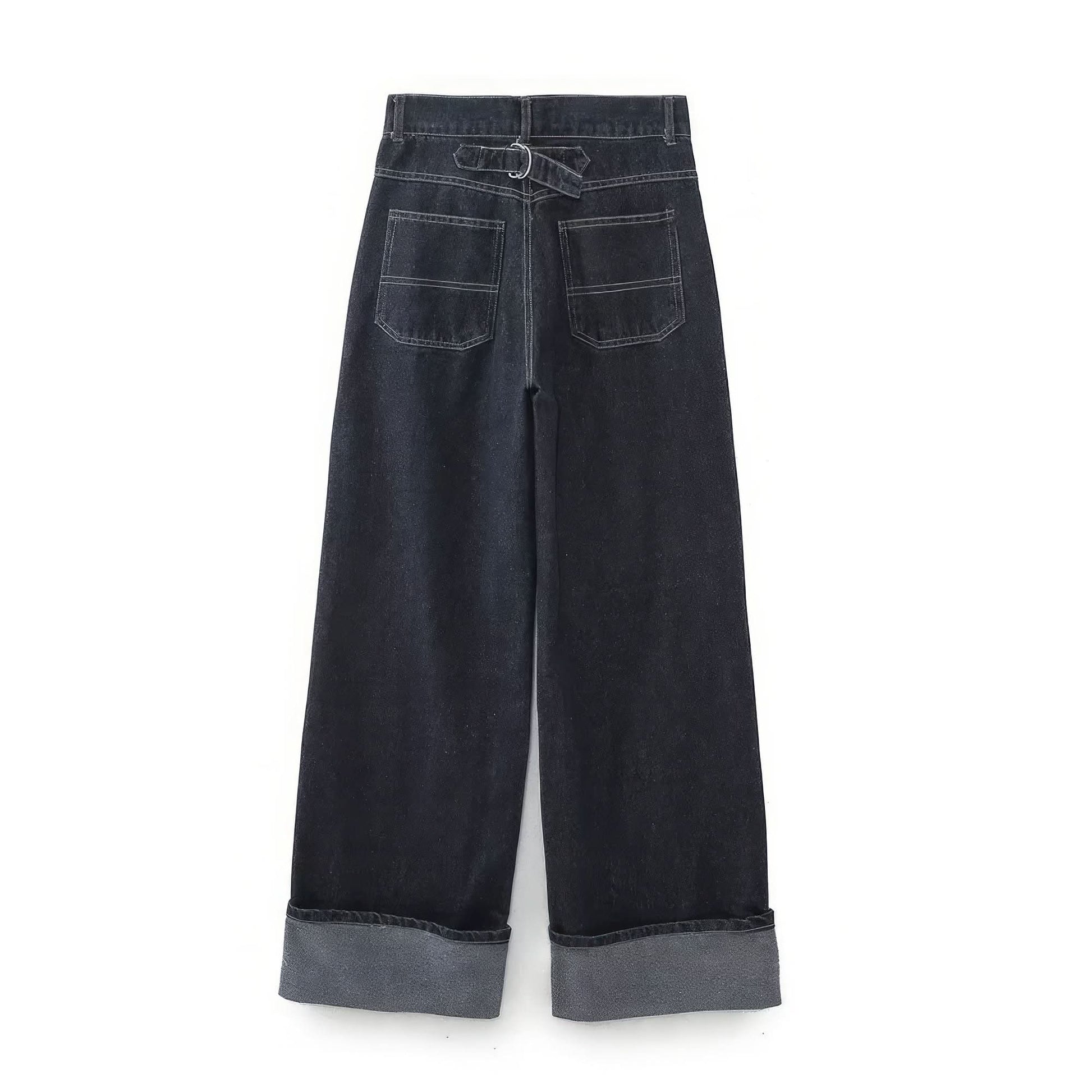 Back view of dark denim wide-leg pants with gray cuffed hem and back pockets