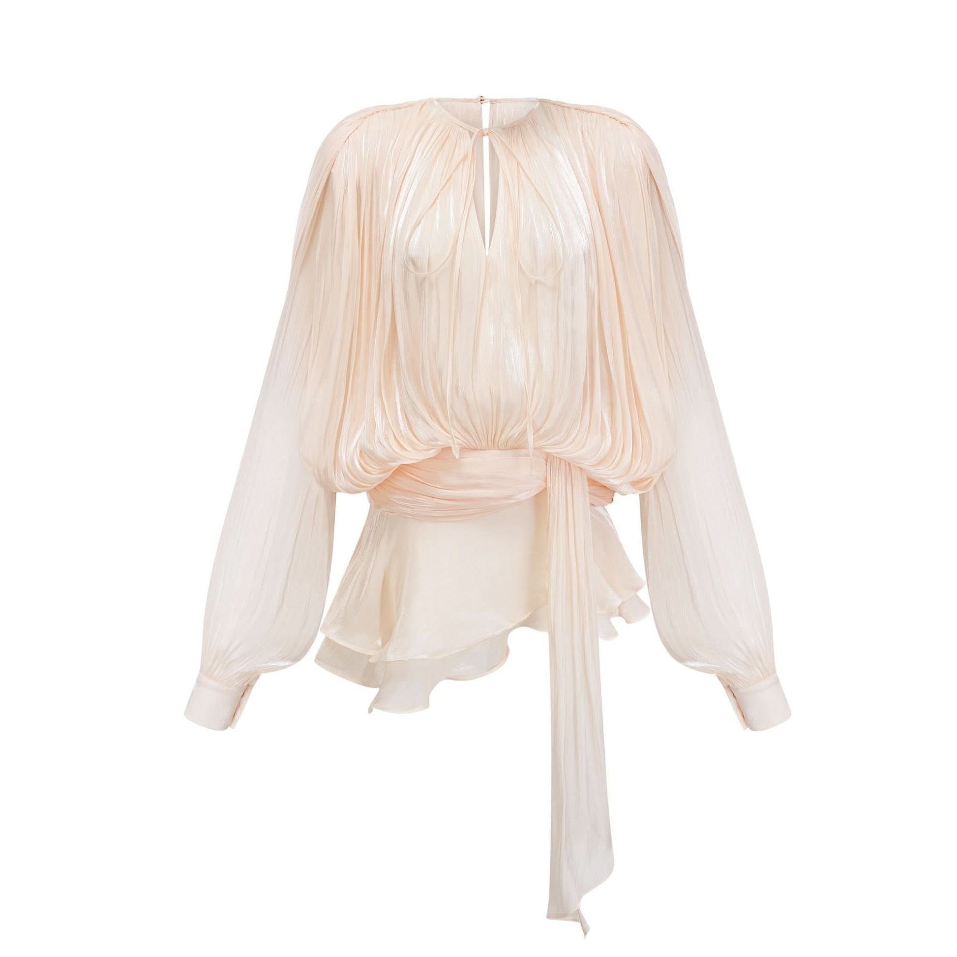 Cream pleated mini dress with billowing cape sleeves and tie waist