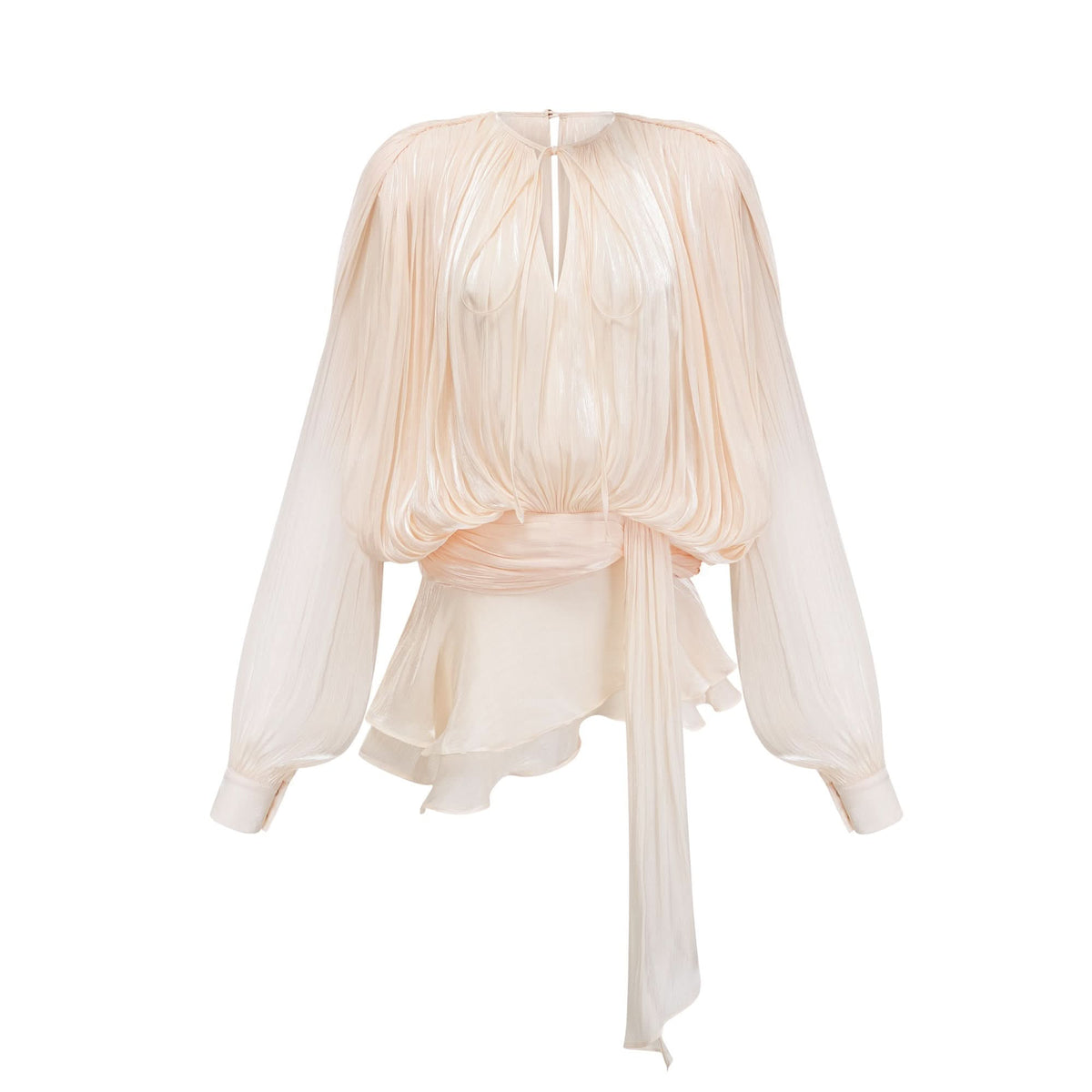 Cream pleated mini dress with billowing cape sleeves and tie waist