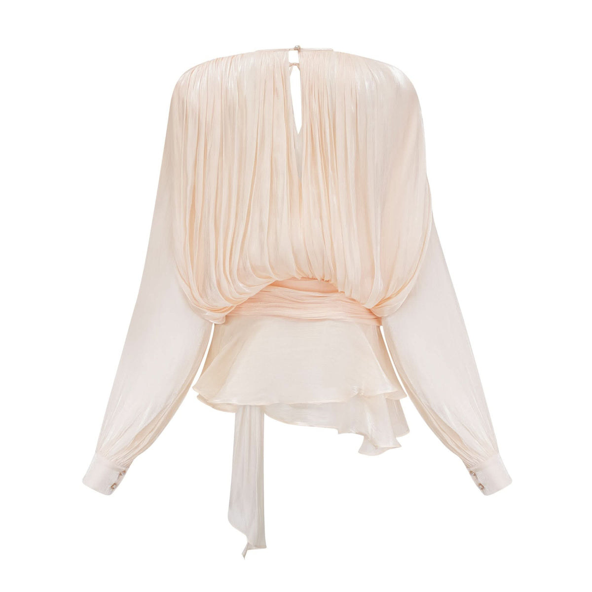 Back view of cream ruffled mini dress with draped cape detail
