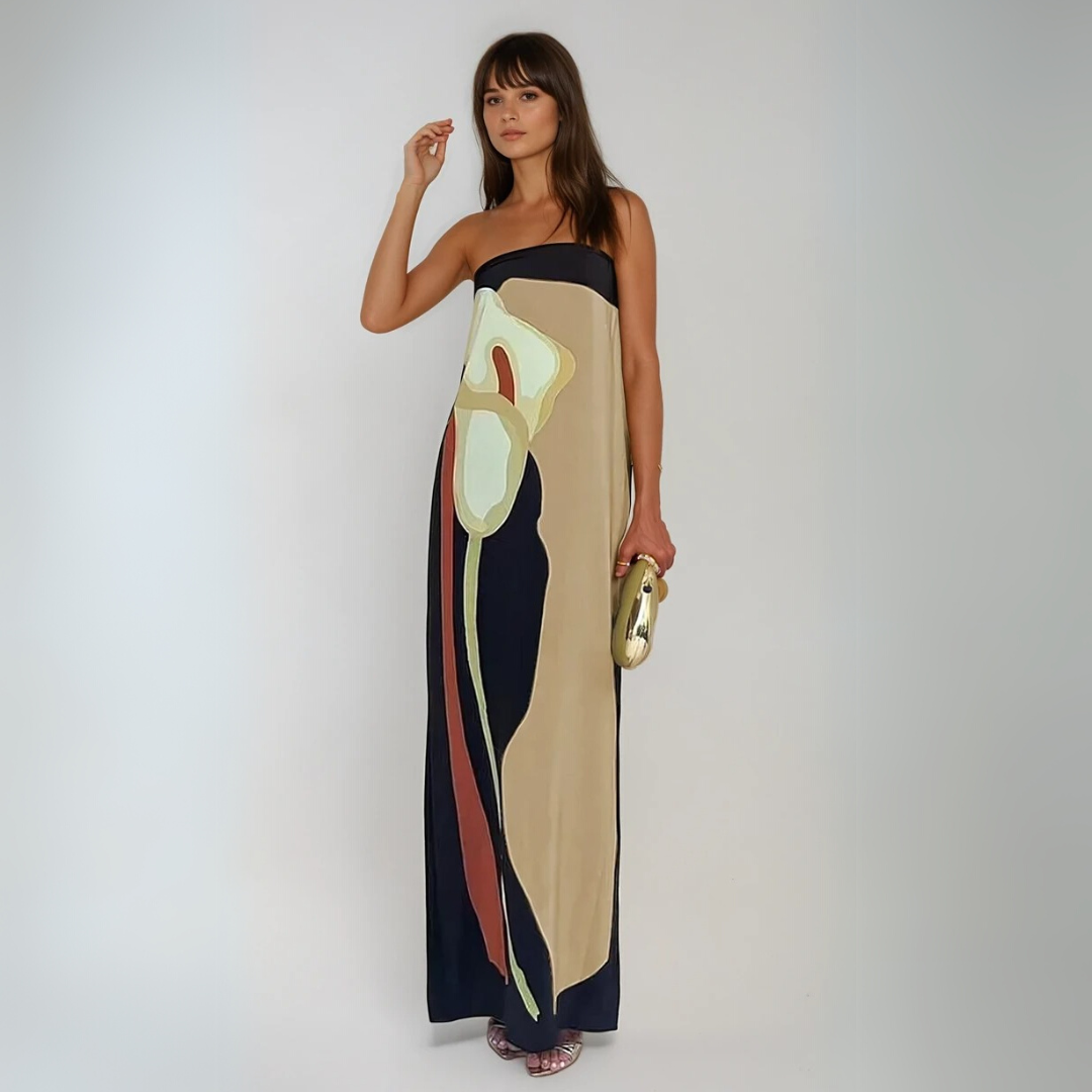 Beige and navy abstract floral maxi dress with artistic calla lily print and strapless silhouette for women