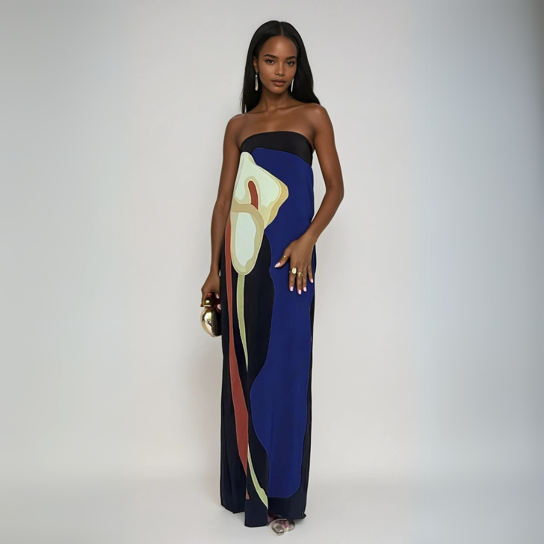 Navy blue floral strapless maxi dress with watercolor-inspired abstract lily print for women