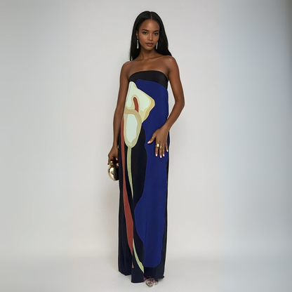 Navy blue floral strapless maxi dress with watercolor-inspired abstract lily print for women