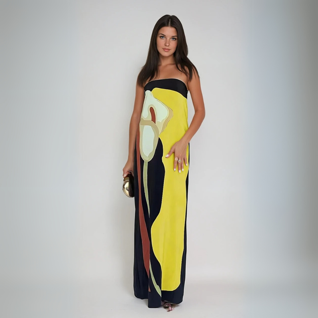 Yellow floral strapless maxi dress with abstract watercolor lily design for women