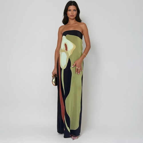 Olive and black floral maxi dress with abstract lily print and strapless bandeau neckline for women