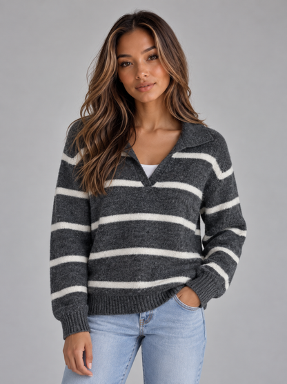 JANIKA | COLLARED STRIPED SWEATER - Dark Gray