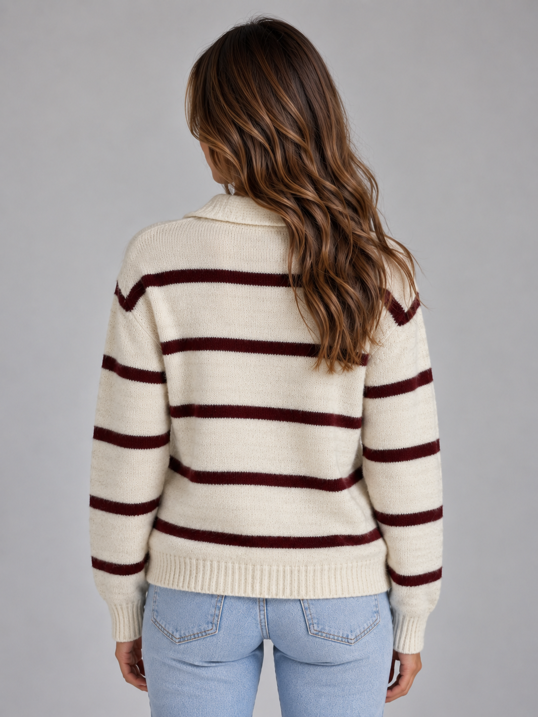 JANIKA | COLLARED STRIPED SWEATER - Ivory and Burgundy Stripe