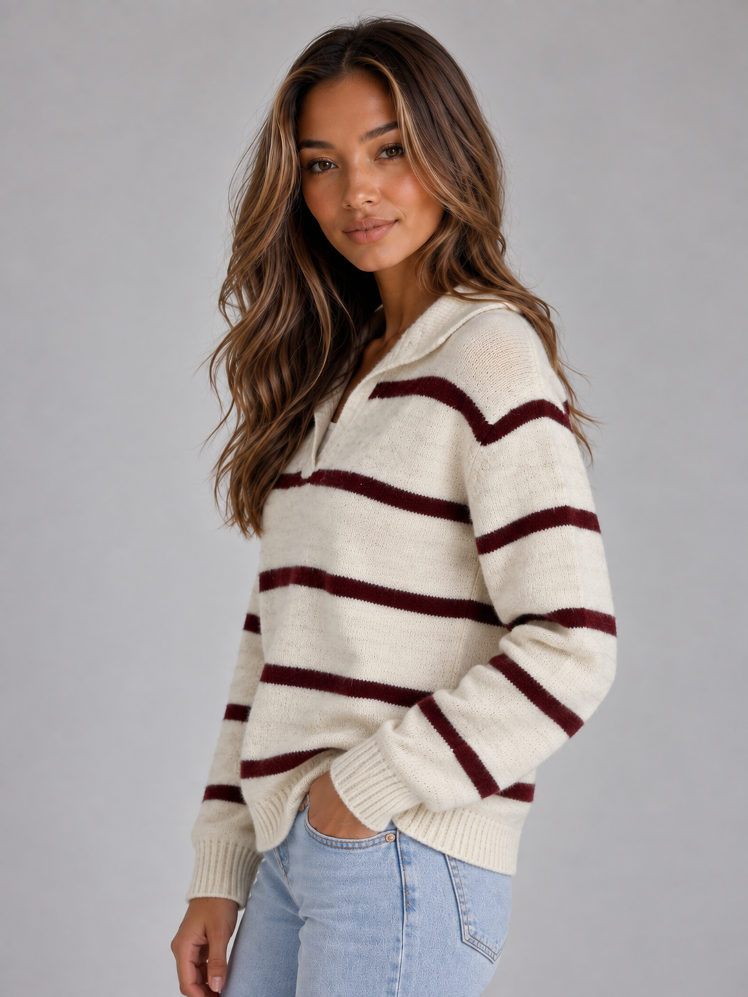 JANIKA | COLLARED STRIPED SWEATER - Ivory and Burgundy Stripe