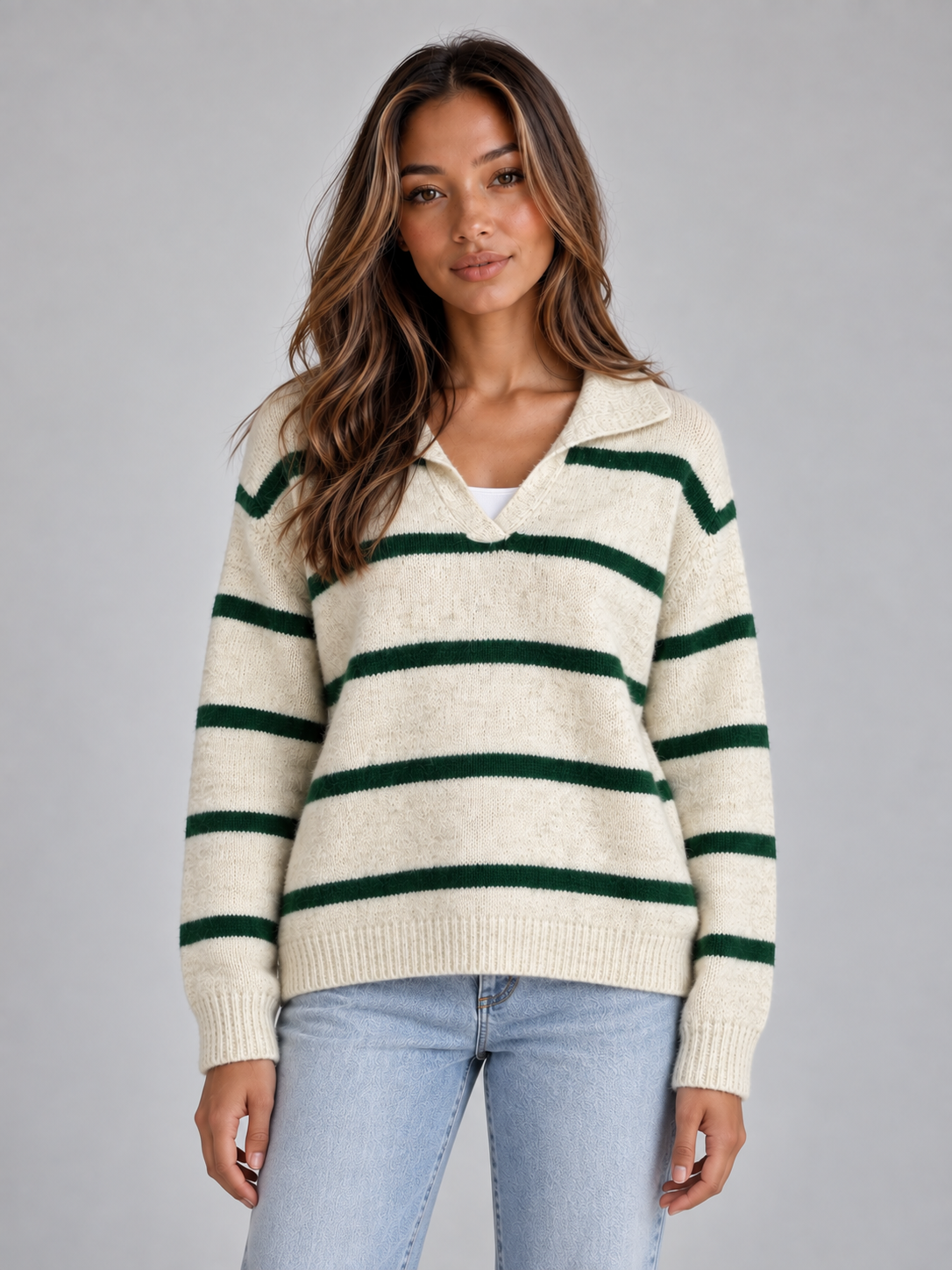 JANIKA | COLLARED STRIPED SWEATER - Ivory and Green Stripe