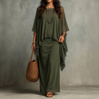 JARDENA | CAPE SLEEVE LAYERED MAXI DRESS - Olive Green