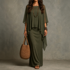 JARDENA | CAPE SLEEVE LAYERED MAXI DRESS - Olive Green