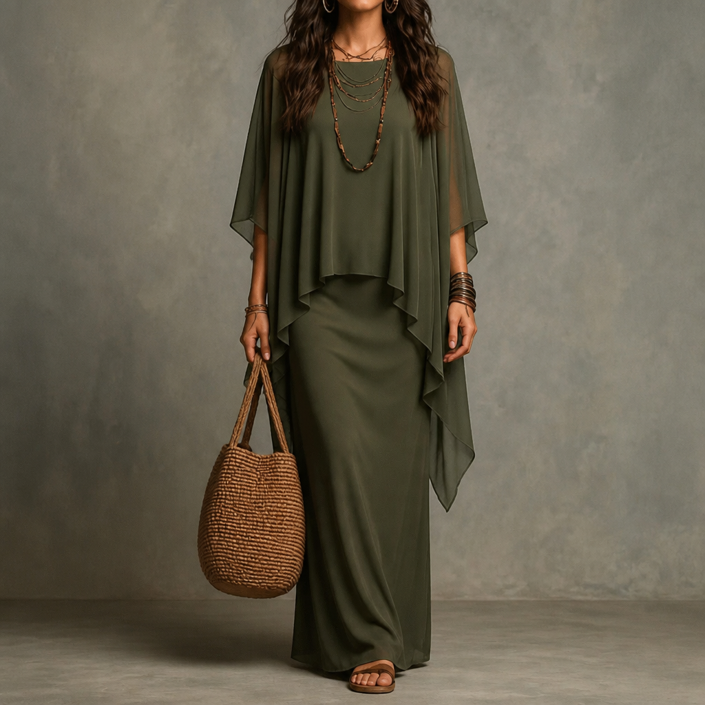 JARDENA | CAPE SLEEVE LAYERED MAXI DRESS - Olive Green