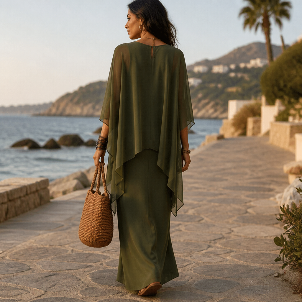 JARDENA | CAPE SLEEVE LAYERED MAXI DRESS - Olive Green