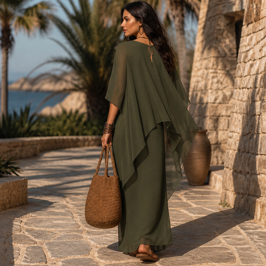 JARDENA | CAPE SLEEVE LAYERED MAXI DRESS - Olive Green