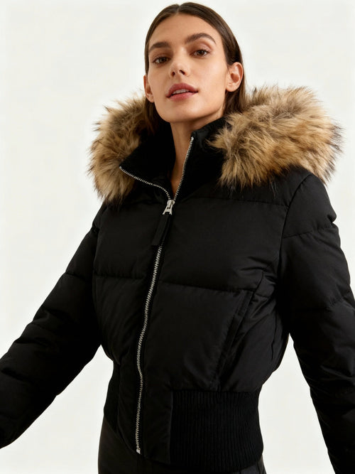 JASLYN | FAUX FUR HOODED PUFFER JACKET - Black