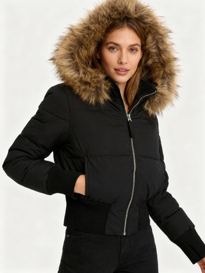 JASLYN | FAUX FUR HOODED PUFFER JACKET - Black