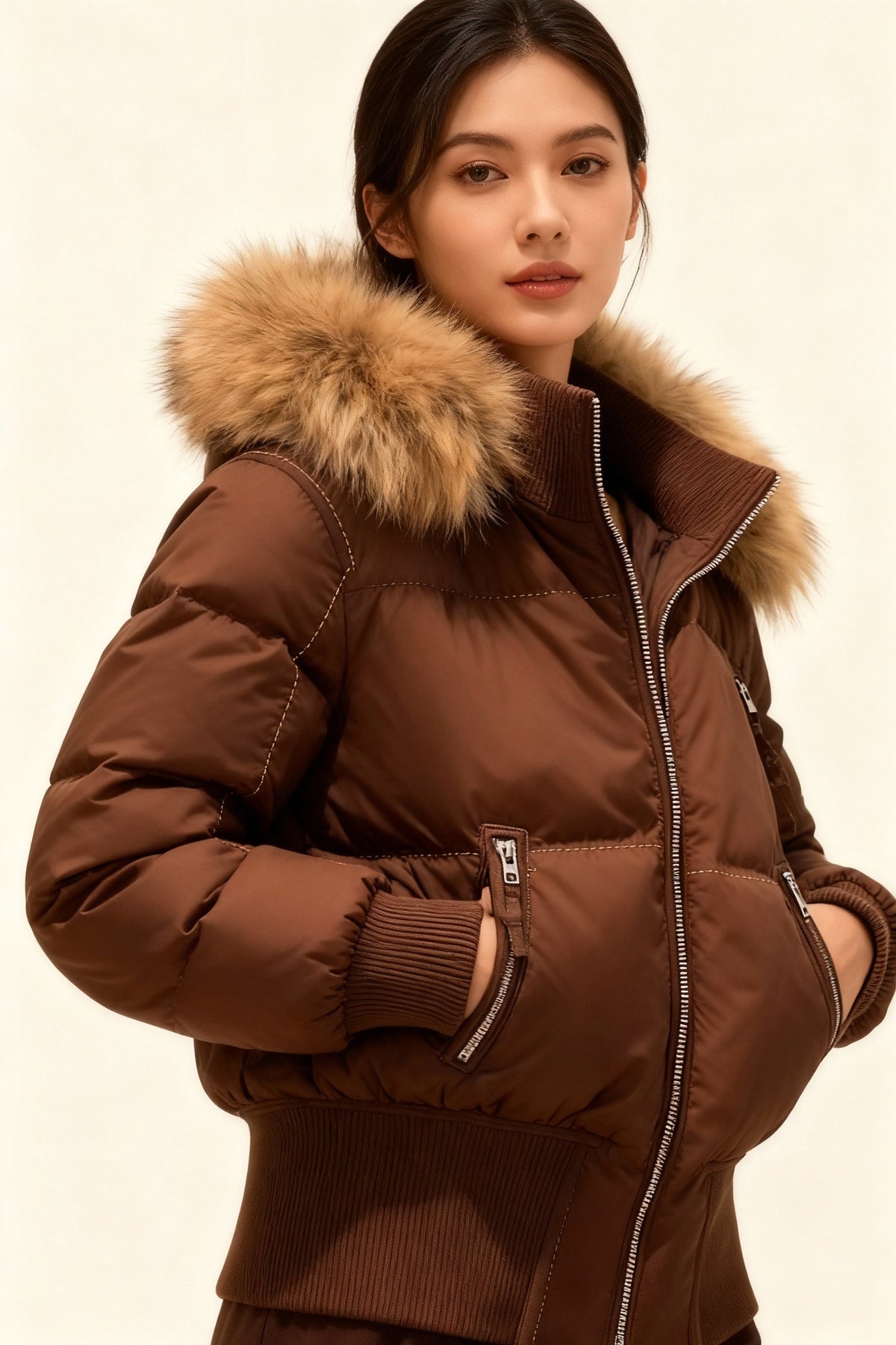 JASLYN | FAUX FUR HOODED PUFFER JACKET - Brown