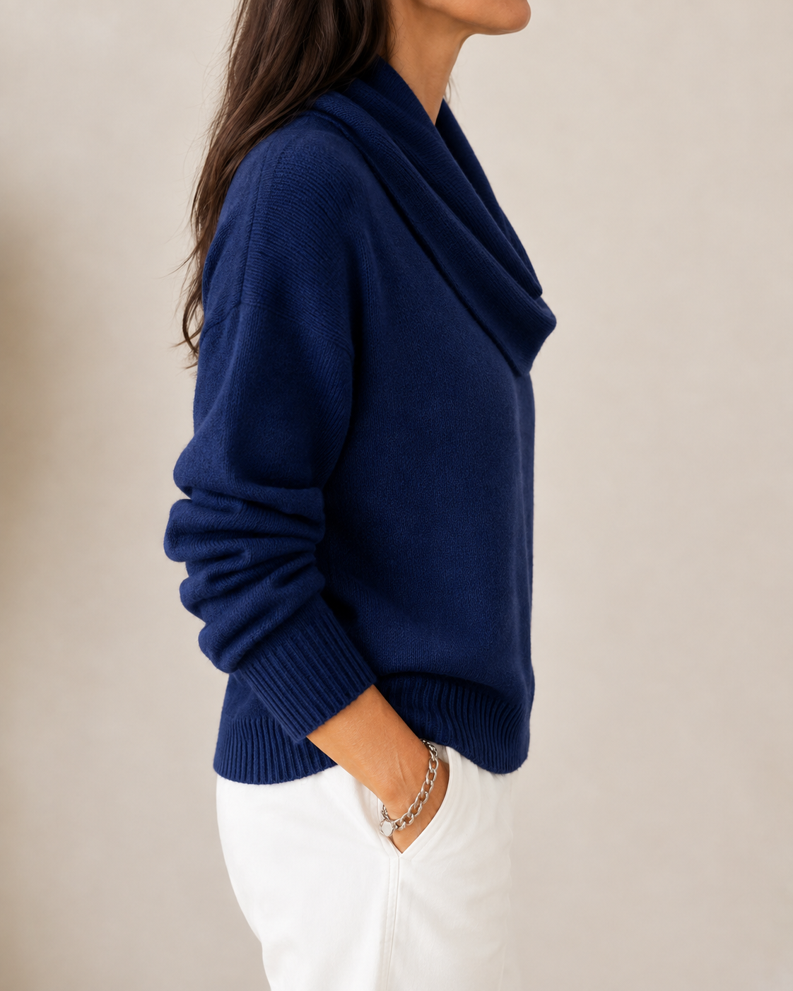 JAYCEE | DRAPED COWL NECK SWEATER - Navy Blue