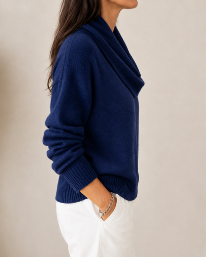JAYCEE | DRAPED COWL NECK SWEATER - Navy Blue