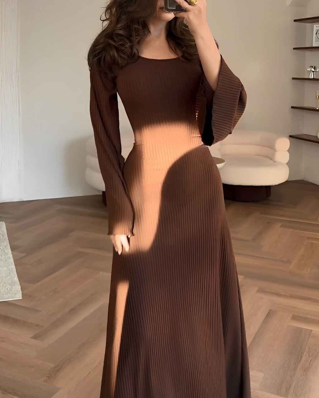 JAYNE | BELL SLEEVE KNIT MAXI DRESS - Chocolate Brown