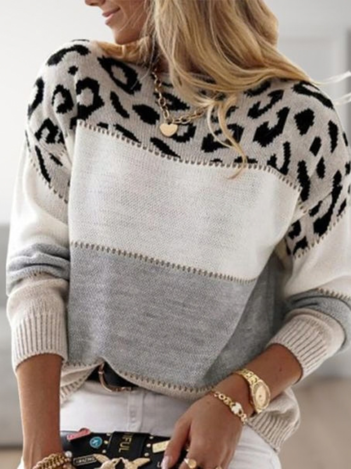 JAZLYN | LEOPARD COLORBLOCK SWEATER - Gray
