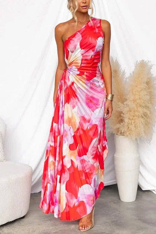 JEANINE | ONE SHOULDER PLEATED MAXI DRESS - Red and Pink Print