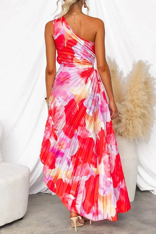 JEANINE | ONE SHOULDER PLEATED MAXI DRESS - Red and Pink Print
